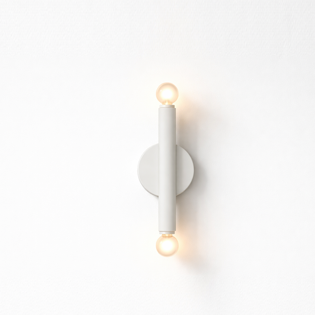 Scandinavian Dual Globe White Wall Sconce on Rustic Oak Panel, Luxury Modern Vertical Vanity Light