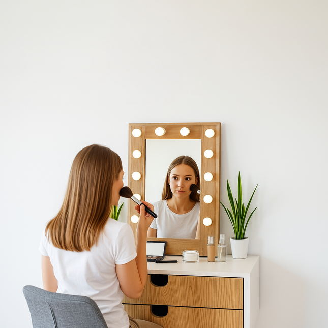 Elegant Hollywood Vanity Set – Illuminated Mirror with Luxe Makeup Table and Designer Accents Wood