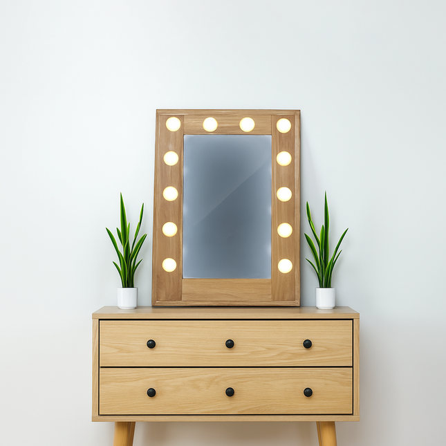 Elegant Hollywood Vanity Set – Illuminated Mirror with Luxe Makeup Table and Designer Accents Wood