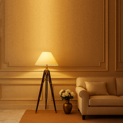 Rustic Sheesham Wood Tripod Floor Lamp - Antique Brass Finish Rose Gold