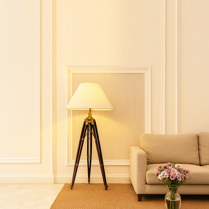 Rustic Sheesham Wood Tripod Floor Lamp - Antique Brass Finish Rose Gold