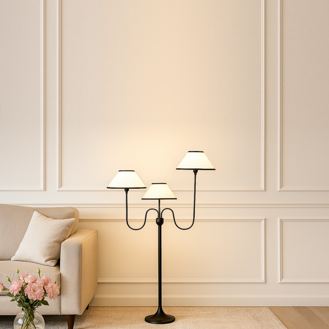 Black Floor Lamp with Three Shades: Steel, Aluminum, Brass Nickle plated